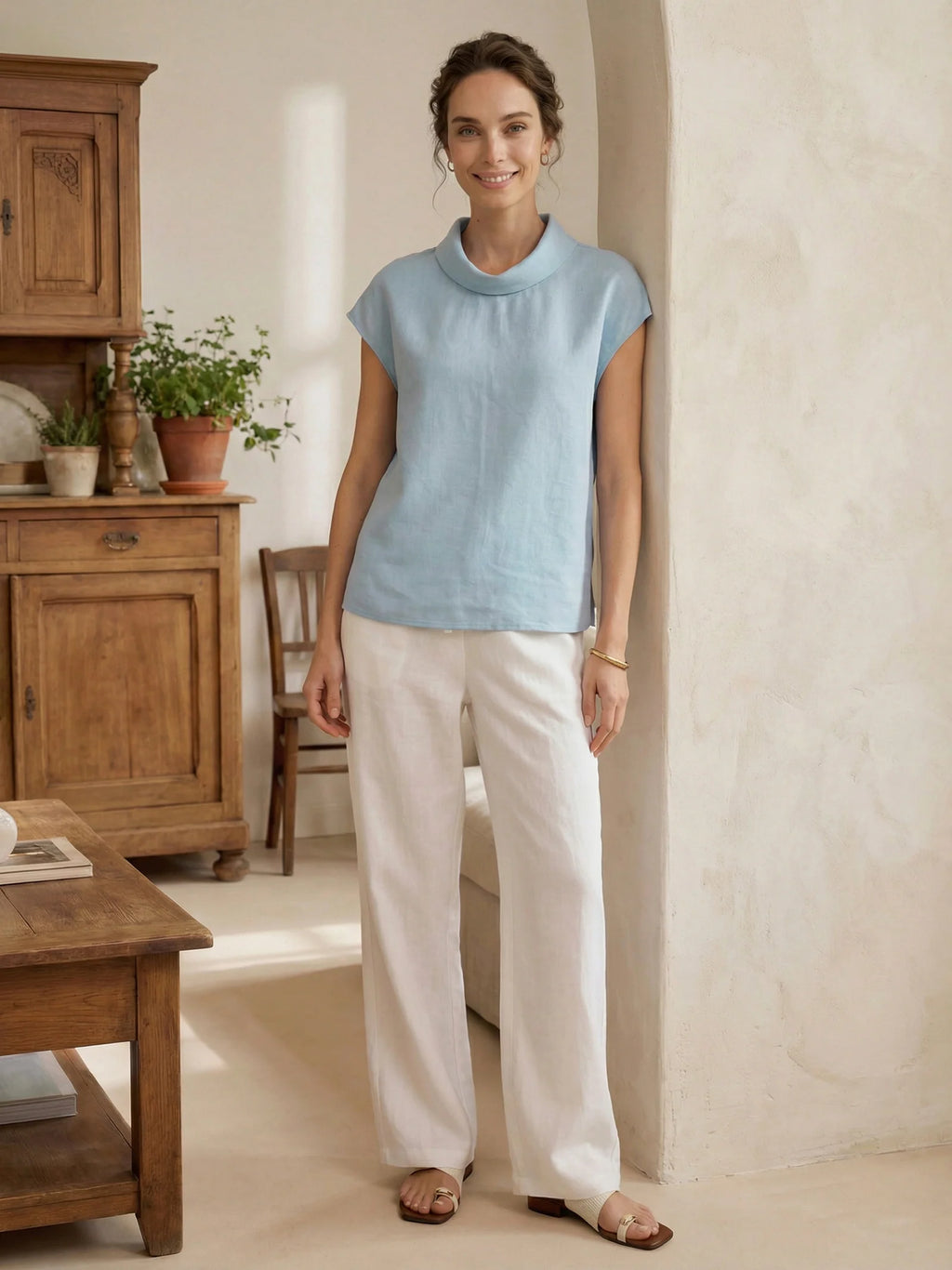 Yvonne - Blusa de manga corta Favorecedora 100% lino