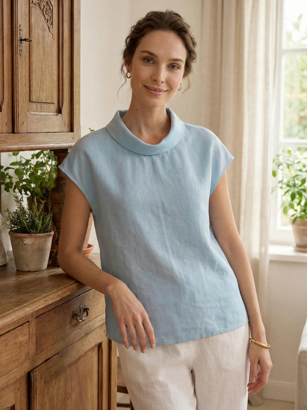 Yvonne - Blusa de manga corta Favorecedora 100% lino