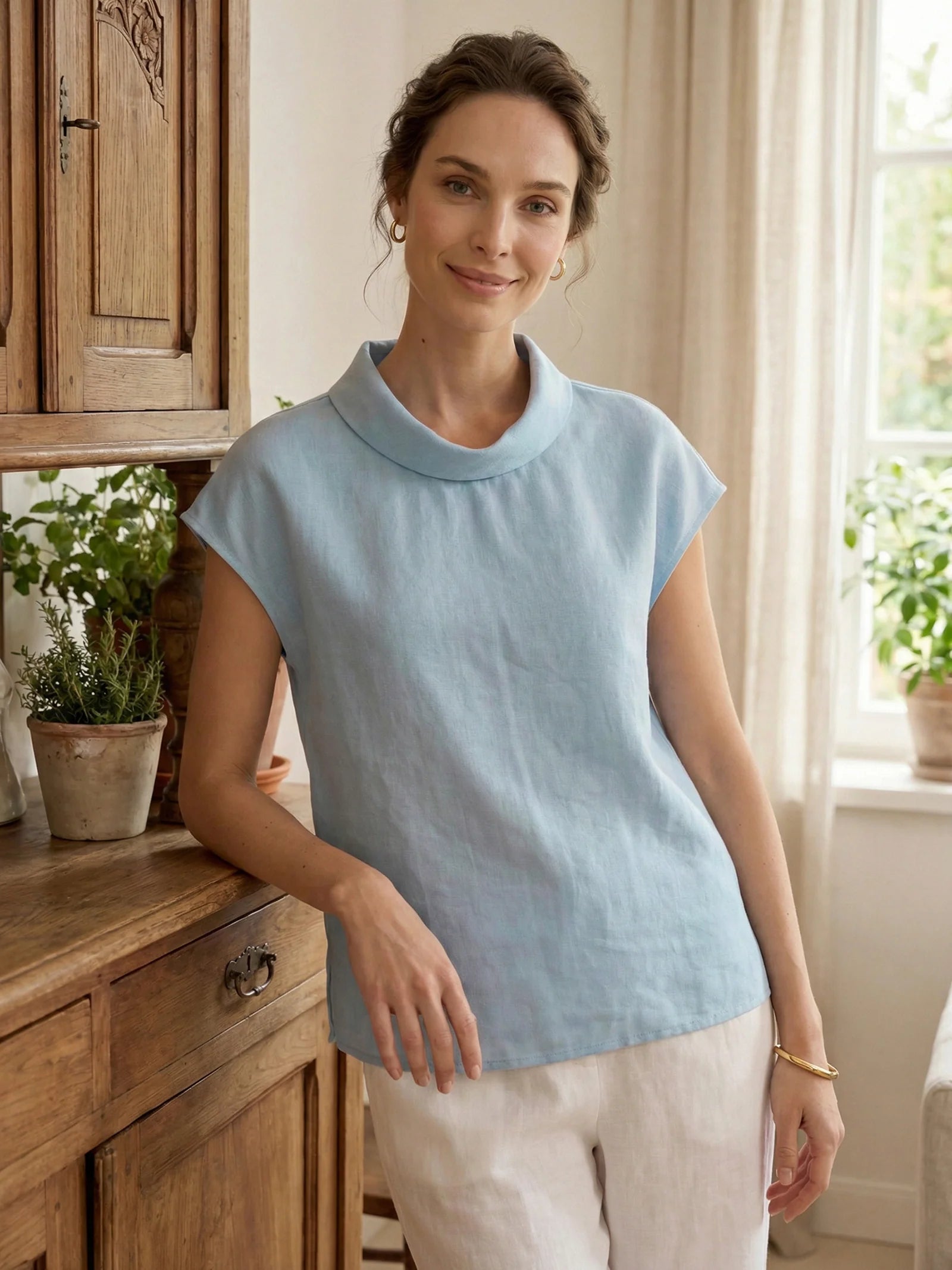Yvonne - Blusa de manga corta Favorecedora 100% lino