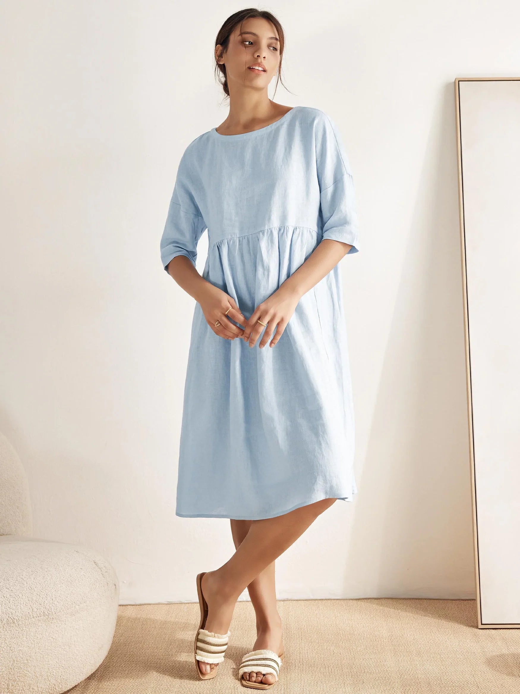 Valencia - Vestido midi de lino 100% con corte en A